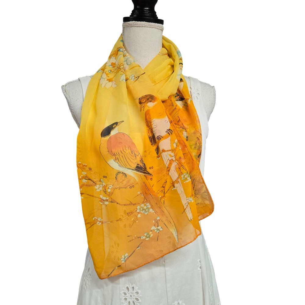 Yellow Bird Floral Print Scarf Viscose Lightweight Sheer Wrap 20x60 Nature Art